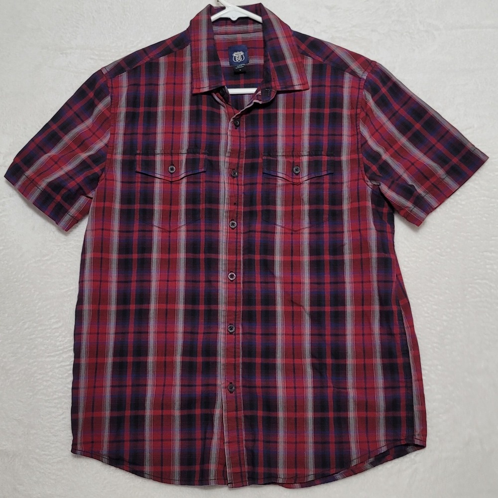 Route 66 Men's Shirt Size M Medium Red Plaid Button Up Short Sleeve Casual
